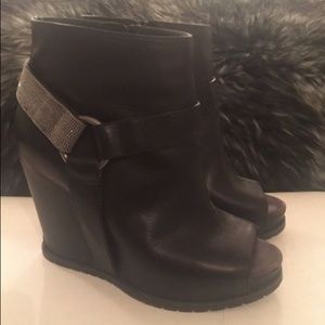 Auth Cucinelli Black Wedge Bootie Monili Strap